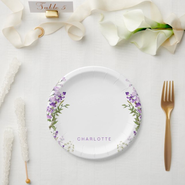 Personalized Name Greenery Lavender Shower Paper Plates (Wedding)
