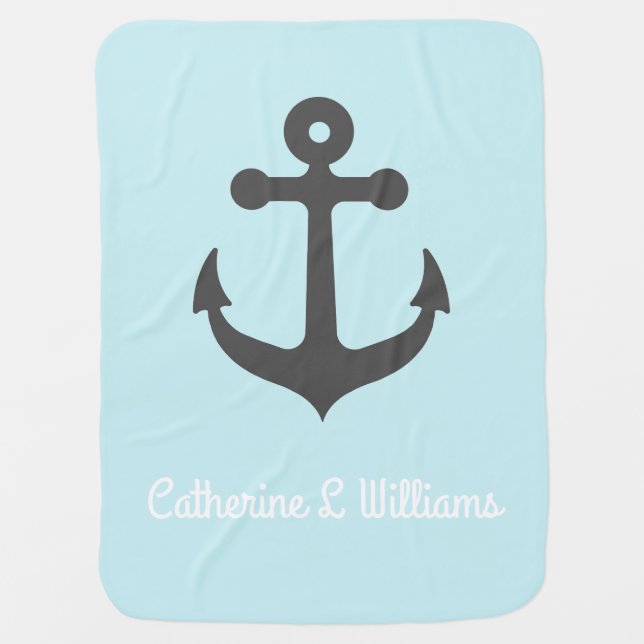 Personalized name Grey anchor on blue Swaddle Blanket (Front)