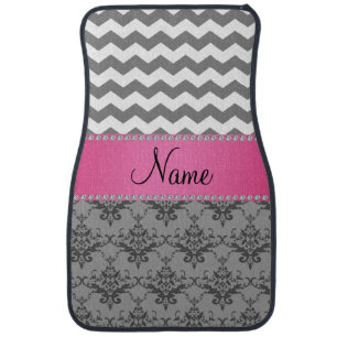 Personalized name Grey damask grey chevrons Car Floor Mat