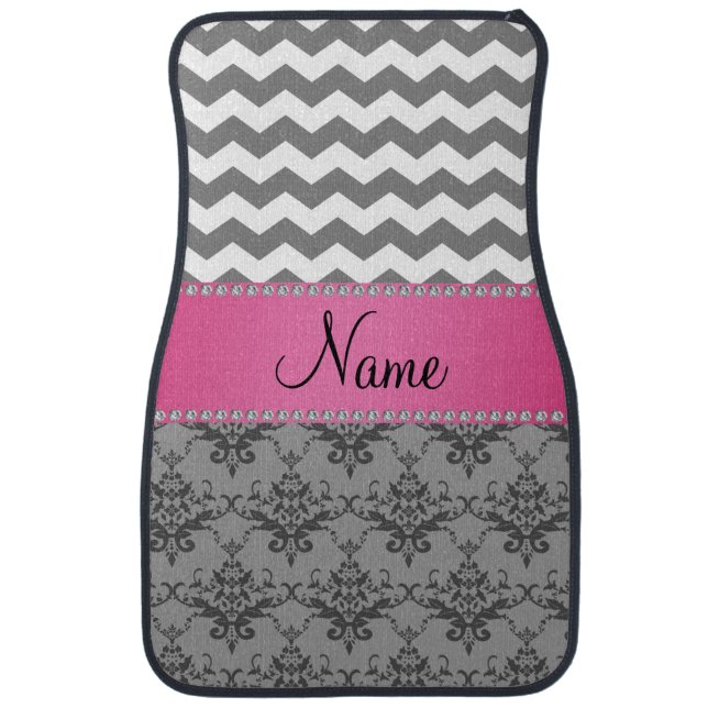 Personalized name Grey damask grey chevrons Car Floor Mat (Front)