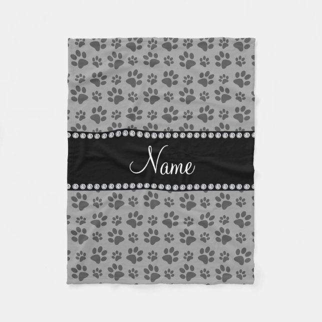 Personalized name grey dog paw prints fleece blanket (Front)