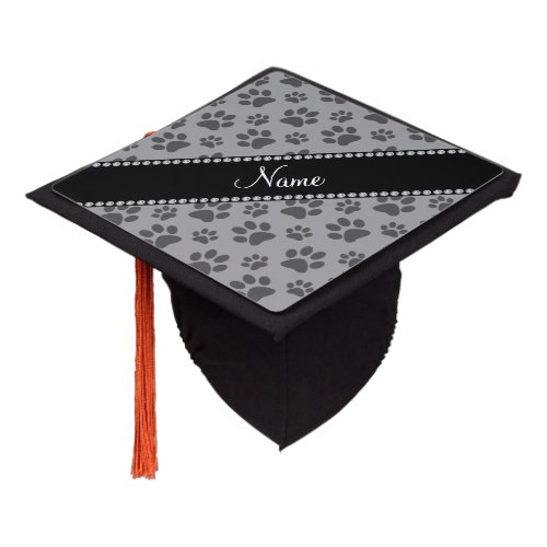 Personalized name grey dog paw prints graduation cap topper