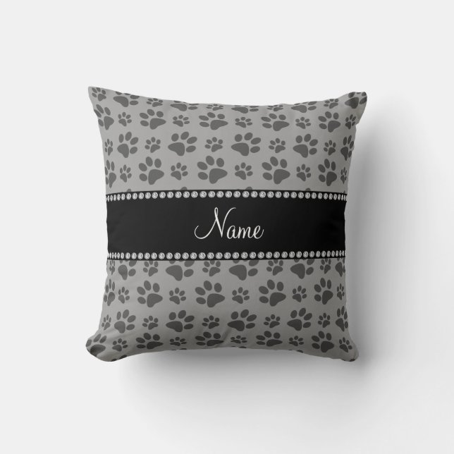 Personalized name grey dog paw prints throw pillow (Front)