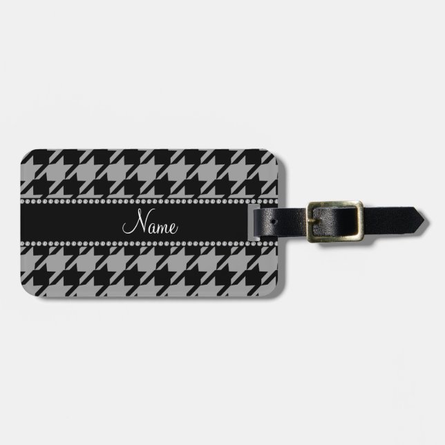 Personalized name grey houndstooth luggage tag (Front Horizontal)