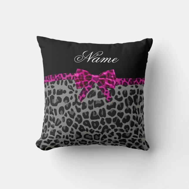 Personalized name grey leopard print pink bow throw pillow (Front)