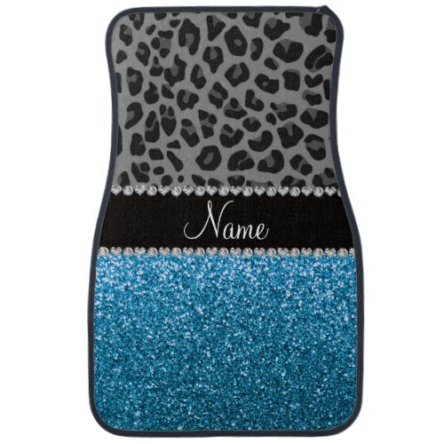 Personalized name grey leopard sky blue glitter car floor mat