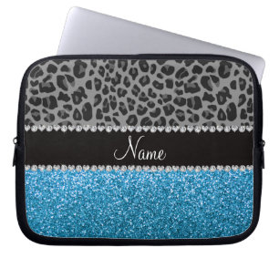 Personalized name grey leopard sky blue glitter laptop sleeve