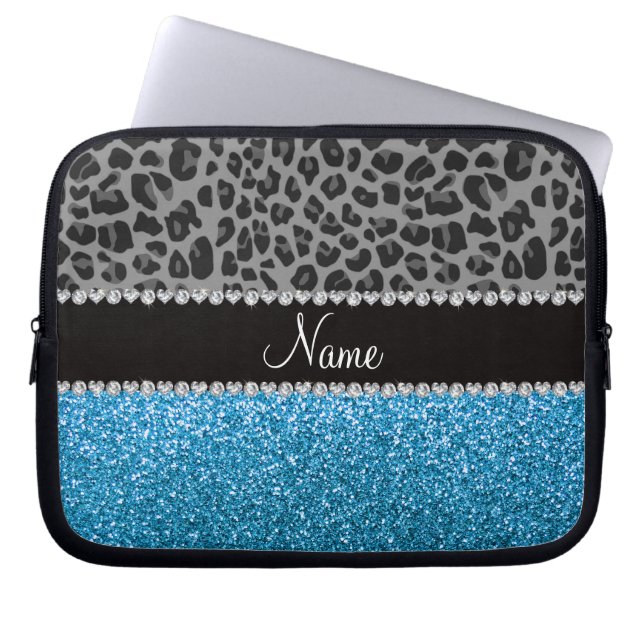 Personalized name grey leopard sky blue glitter laptop sleeve (Front)
