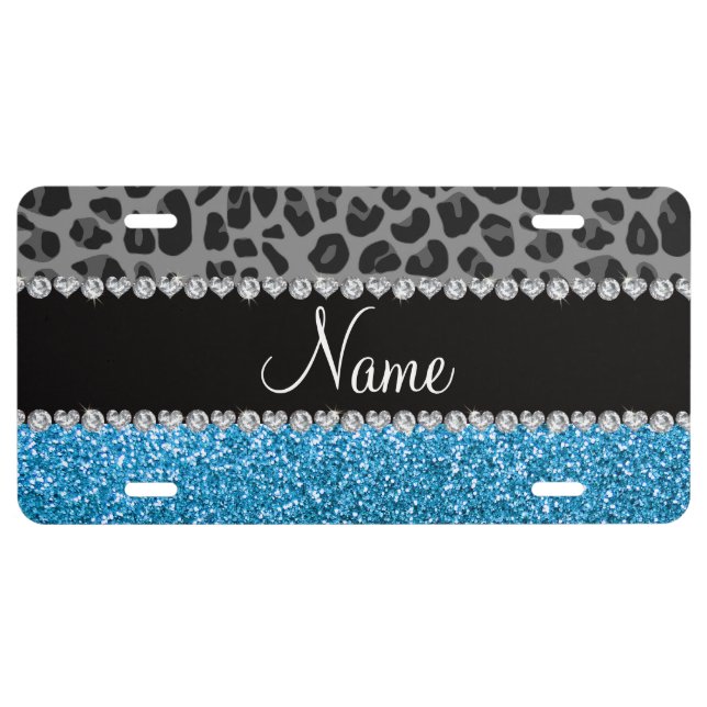 Personalized name grey leopard sky blue glitter license plate (Front)