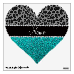Personalized name grey leopard turquoise glitter wall sticker
