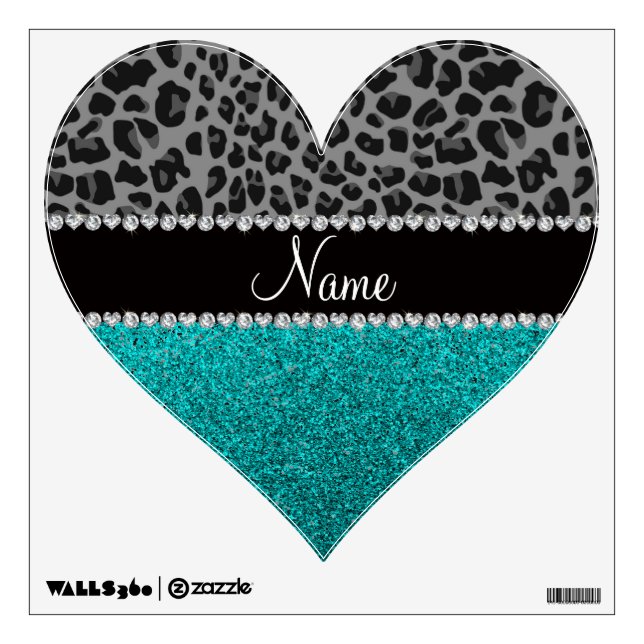 Personalized name grey leopard turquoise glitter wall sticker (Front)