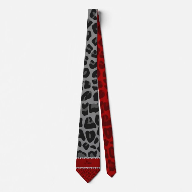 Personalized name grey red leopard pattern neck tie (Front)