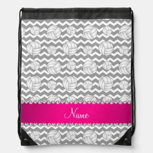 Personalized name grey white chevrons volleyballs drawstring bag