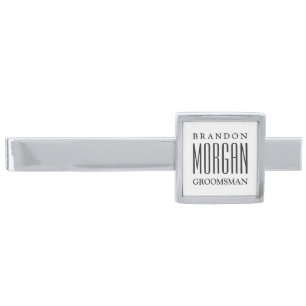 Personalized Name Groomsmen White Silver Finish Tie Bar