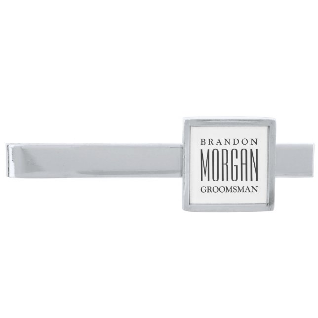 Personalized Name Groomsmen White Silver Finish Tie Bar (Front)