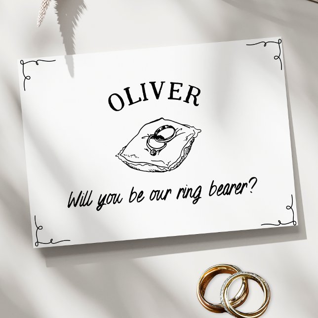 Personalized Name Hand Drawn Ring Bearer Proposal Card (Ask your little ring bearer in style with this vintage-inspired personalized card.)