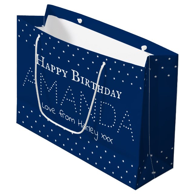 Personalized Name Happy Birthday Customizable Blue Large Gift Bag (Front Angled)