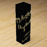 Personalized Name Happy Birthday Faux Gold Black Wine Box<br><div class="desc">Create your own custom, personalized, classy, beautiful elegant faux gold typography / script, cool black and grey checkered pattern, birthday wine / champagne gift box, with your personalized birthday wishes on the front and your custom note / message at the back. Made with sturdy 24 pt. cardstock, this wine box...</div>