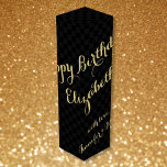 Personalized Name Happy Birthday Faux Gold Black Wine Box<br><div class="desc">Create your own custom, personalized, classy, beautiful elegant faux gold typography / script, cool black and grey checkered pattern, birthday wine / champagne gift box, with your personalized birthday wishes on the front and your custom note / message at the back. Made with sturdy 24 pt. cardstock, this wine box...</div>