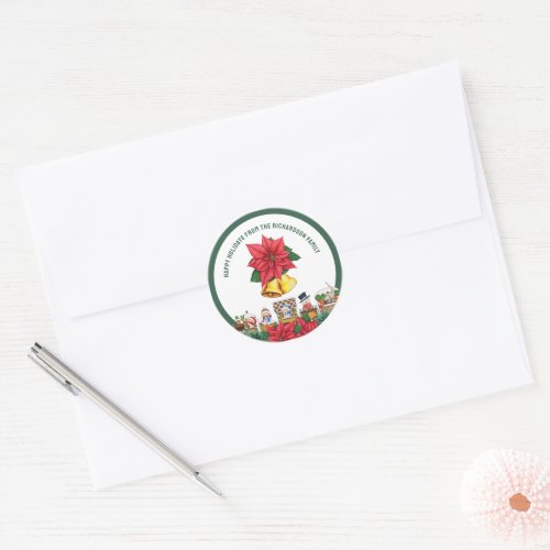 Personalized Name Happy Holidays Festive Floral Classic Round Sticker
