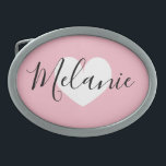 Personalized name heart belt buckle for women<br><div class="desc">Personalized name pink heart belt buckle for women. Custom metal beltbuckles with romantic love symbol and stylish brush script handlettering template. Beautiful Birthday or Christmas gift idea for her. Add your own name or monogram initial letters. Elegant handwritten typography. Oval or rectangular shape. Unique keepsake present for mom, wife, sister,...</div>