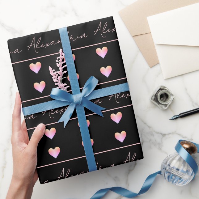 Personalized Name Heart Black Wrapping Paper (Gifting)