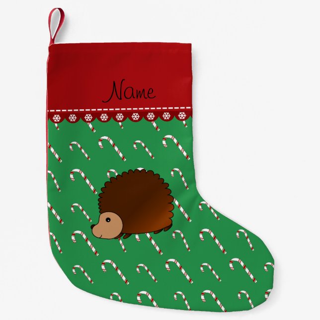 Personalized name hedgehog green candy canes small christmas stocking (Front)