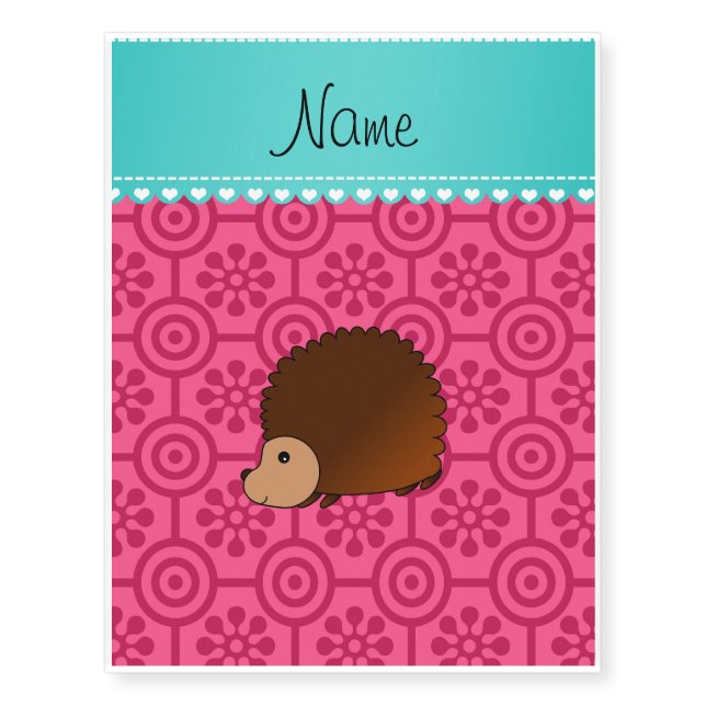 Personalized name hedgehog pink retro flowers temporary tattoos (Front)