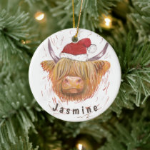 Personalized Name Highland Cow with Christmas Hat Ceramic Ornament
