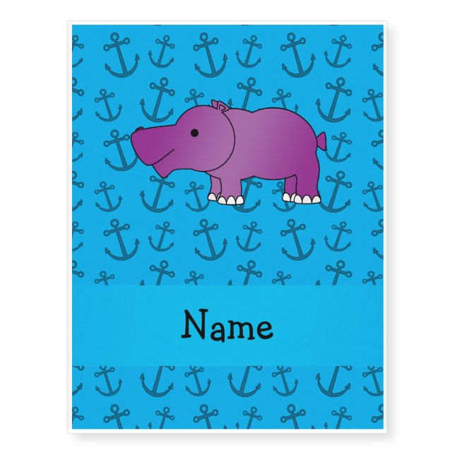 Personalized name hippo blue anchors pattern temporary tattoos (Front)
