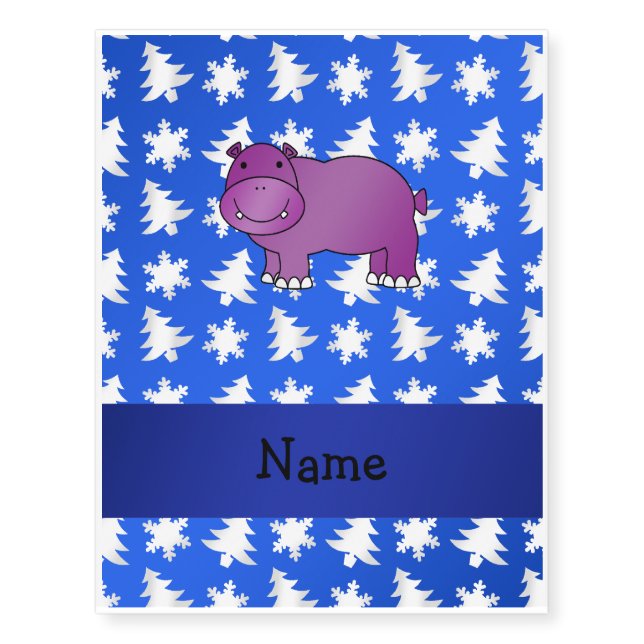 Personalized name hippo blue snowflakes trees temporary tattoos (Front)