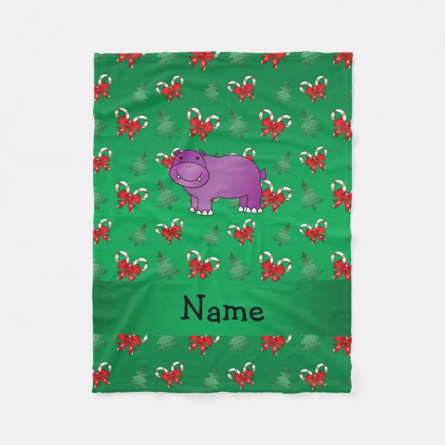 Personalized name hippo green candy canes bows fleece blanket (Front)
