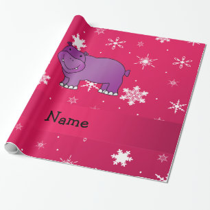 Personalized name hippo pink snowflakes wrapping paper