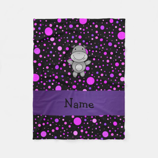 Personalized name hippo purple polka dots fleece blanket (Front)