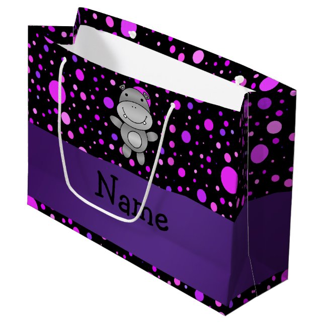 Personalized name hippo purple polka dots large gift bag (Front Angled)