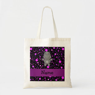 Personalized name hippo purple polka dots tote bag