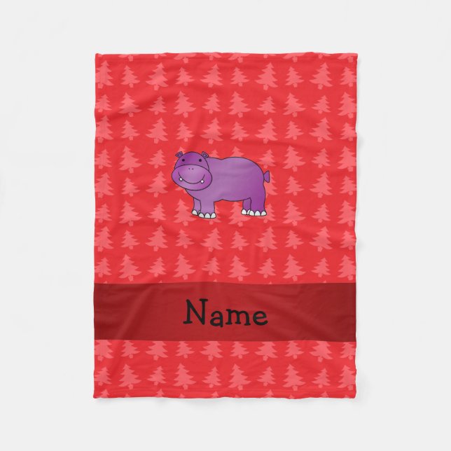 Personalized name hippo red christmas trees fleece blanket (Front)