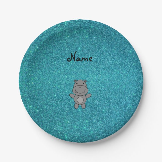 Personalized name hippo turquoise glitter paper plates (Front)