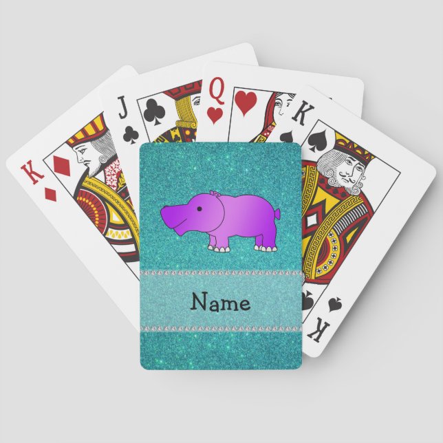 Personalized name hippo turquoise glitter poker cards (Back)