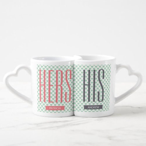 Personalized Name HIS  HERS Hearts Pattern Couple Coffee Mug Set