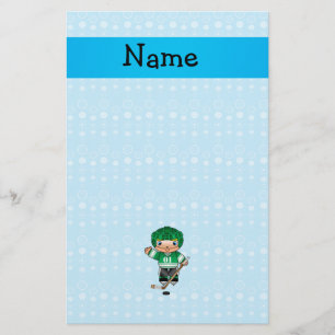 Personalized name hockey player blue bubbles stationery