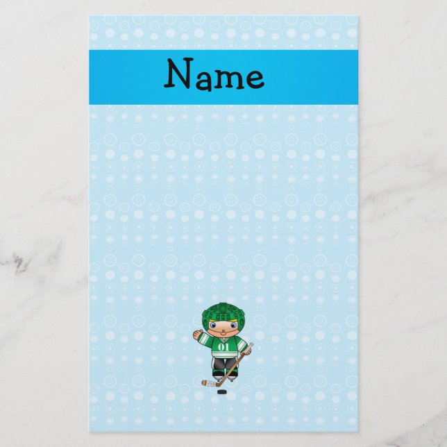 Personalized name hockey player blue bubbles stationery (Front)