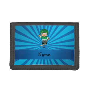 Personalized name hockey player blue sunburst tri-fold wallet