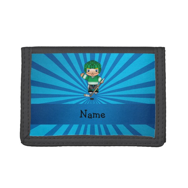 Personalized name hockey player blue sunburst trifold wallet (Front)