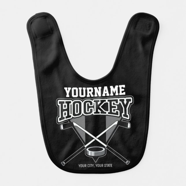 Personalized NAME Hockey Player Stick Puck Team Baby Bib (Front)