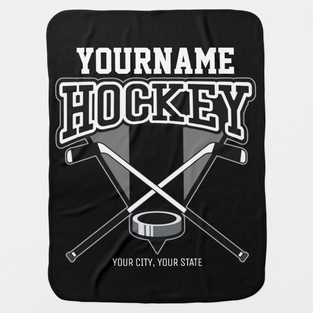 Personalized NAME Hockey Player Stick Puck Team  Baby Blanket (Front)