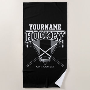Personalized NAME Hockey Player Stick Puck Team Beach Towel