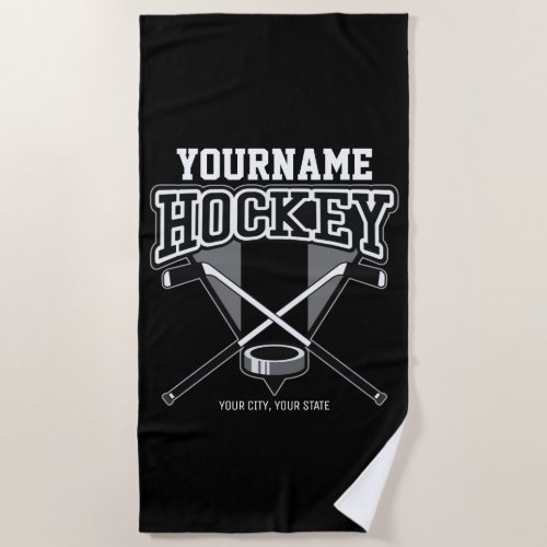 Personalized NAME Hockey Player Stick Puck Team   Beach Towel