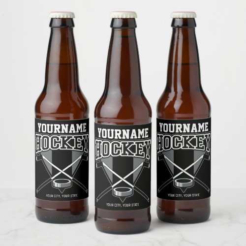 Personalized NAME Hockey Player Stick Puck Team   Beer Bottle Label