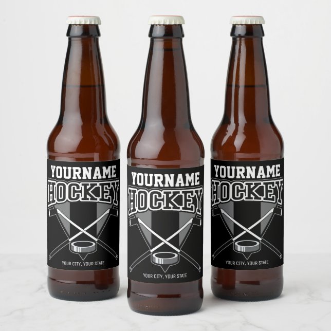 Personalized NAME Hockey Player Stick Puck Team   Beer Bottle Label (Bottles)